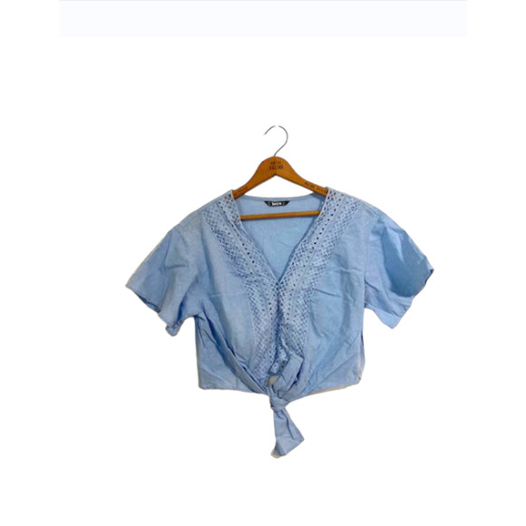 Powder Blue Tie Front Crop Top - Light Blue Cropped Blouse - Picture 2 of 4